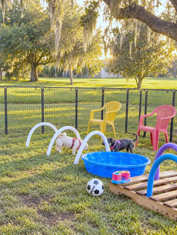 The fenced play yard in the evening — a wading pool, play tunnels and two small dogs under the oaks