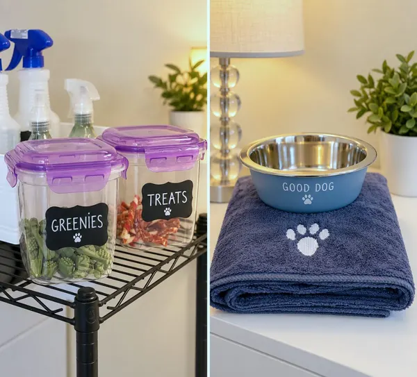 Treat jars labelled Greenies and Treats, and a Good Dog bowl on a folded towel
