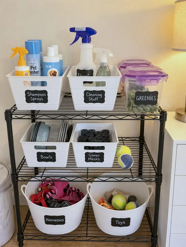The supply station — shampoos, cleaning supplies, bowls, harnesses and a bin of toys