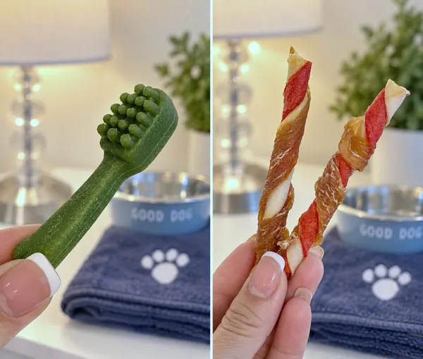 A dental chew toy and chew sticks by the Good Dog bowls