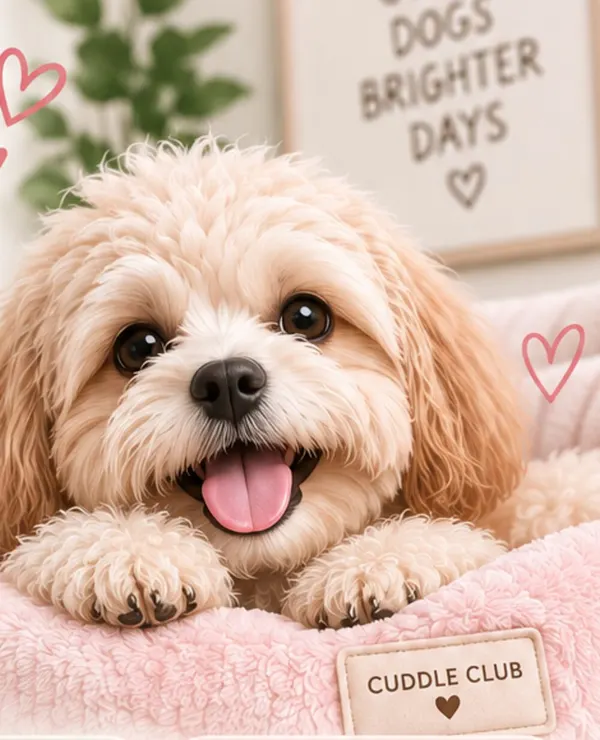 A small dog resting on a pink bed