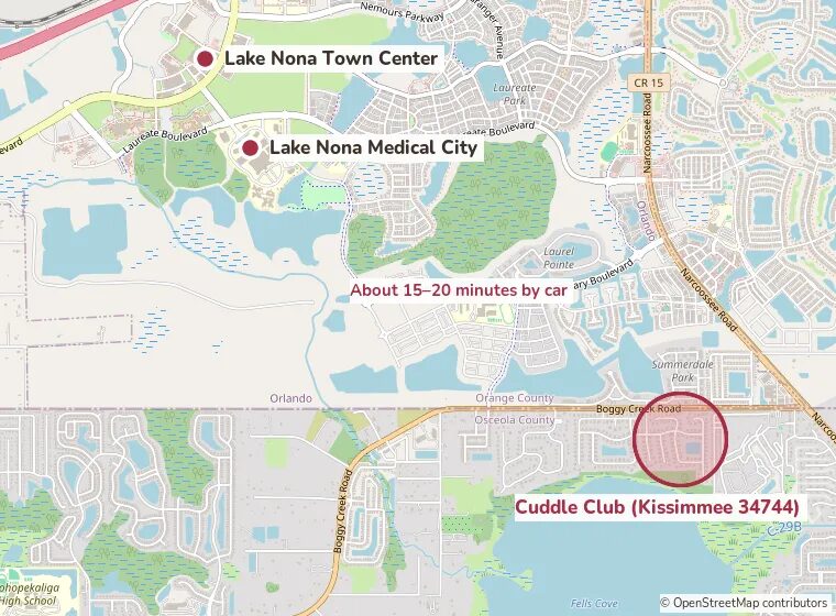 Map of Lake Nona Medical City, Lake Nona Town Center and Cuddle Club in Kissimmee 34744, about 15 to 20 minutes apart by car