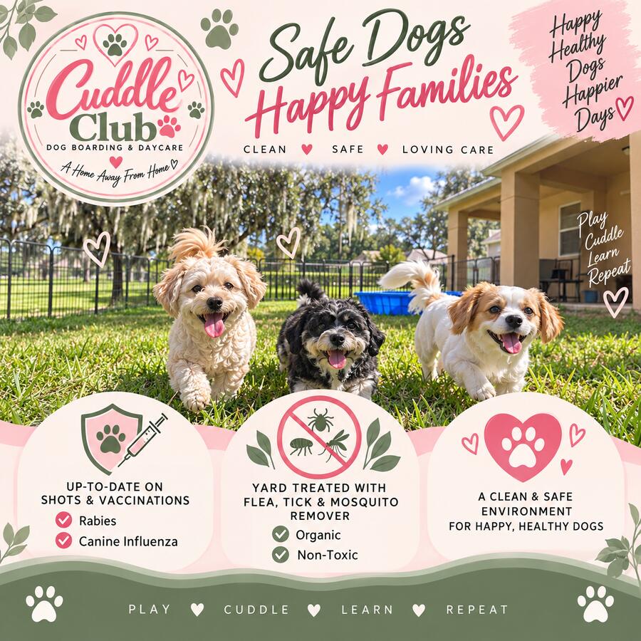 Safe dogs, happy families — three small dogs running on the lawn at Cuddle Club