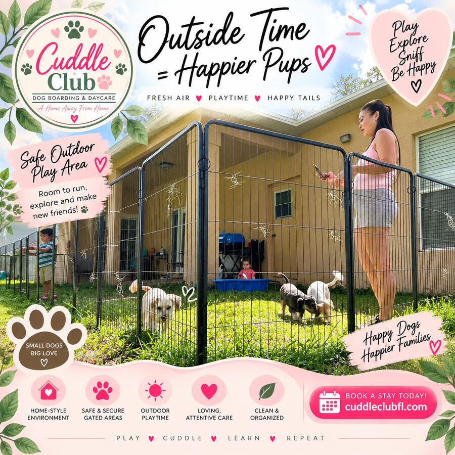 Outside time = happier pups — the fenced play area