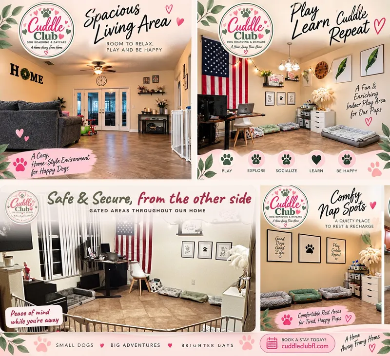 The living area at Cuddle Club, with the dog beds and play space