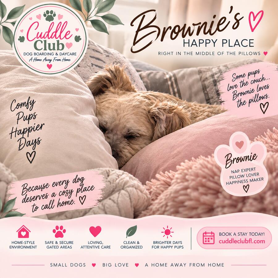 Brownie's happy place — right in the middle of the pillows