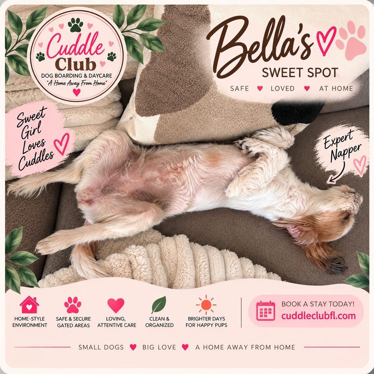 Bella's sweet spot — belly up and fast asleep on the couch